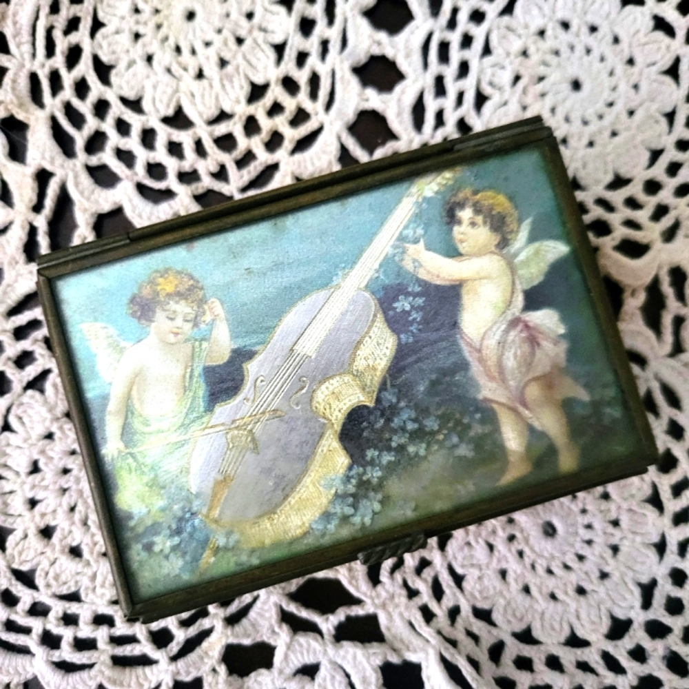 Vtg  Via Vermont Cupid Angel Glass Brass Jewelry Trinket  Box Mexico